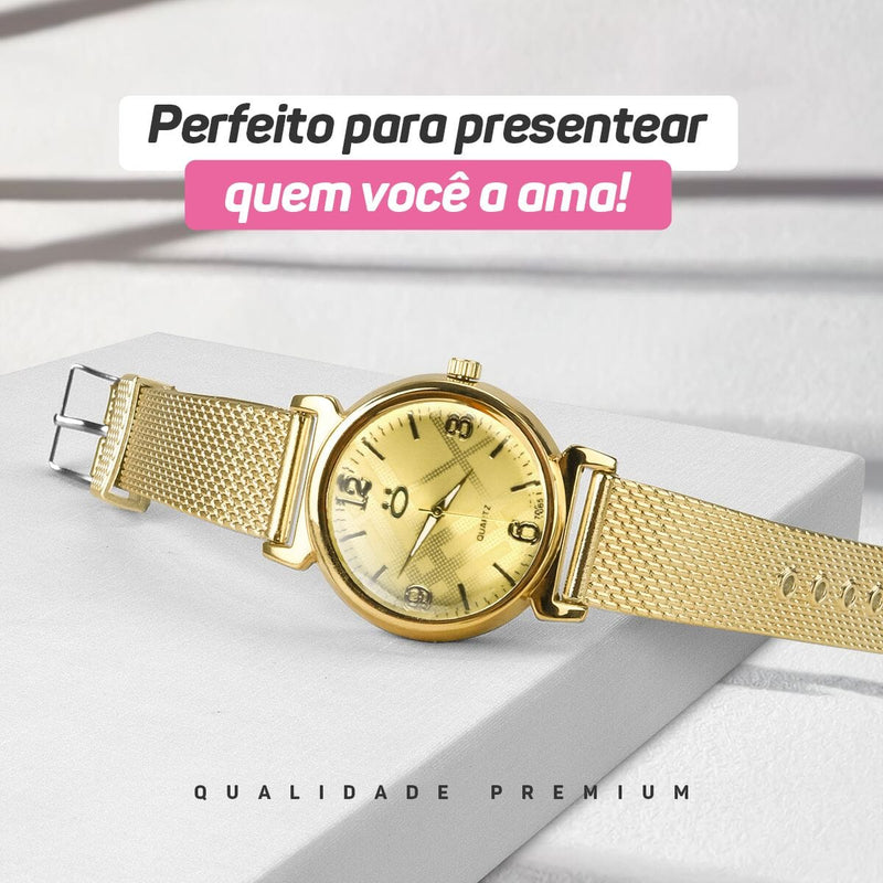 Relogio feminino banhado + colar strass + pulseira + caixa