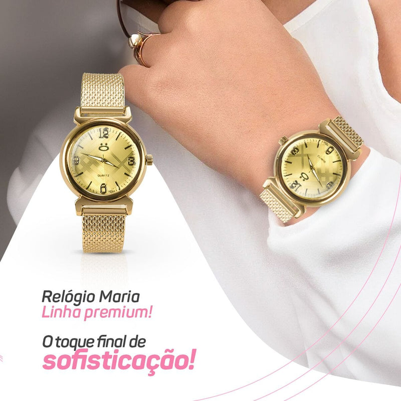 Relogio feminino banhado + colar strass + pulseira + caixa