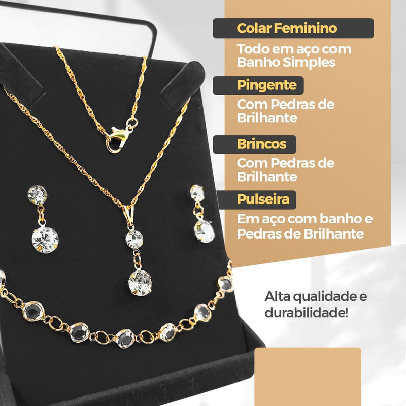 Relogio feminino banhado + colar strass + pulseira + caixa