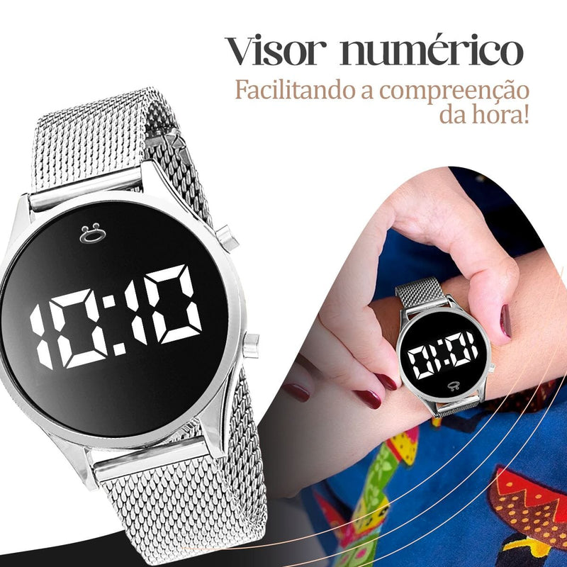 relogio feminino digital aço inox + caixa + colar moda led