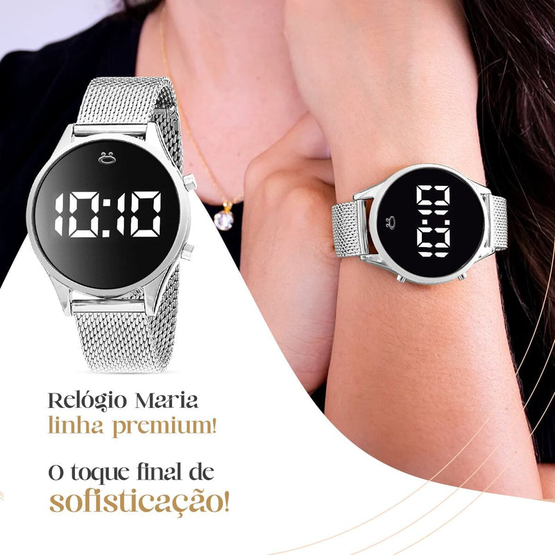 relogio feminino digital aço inox + caixa + colar moda led