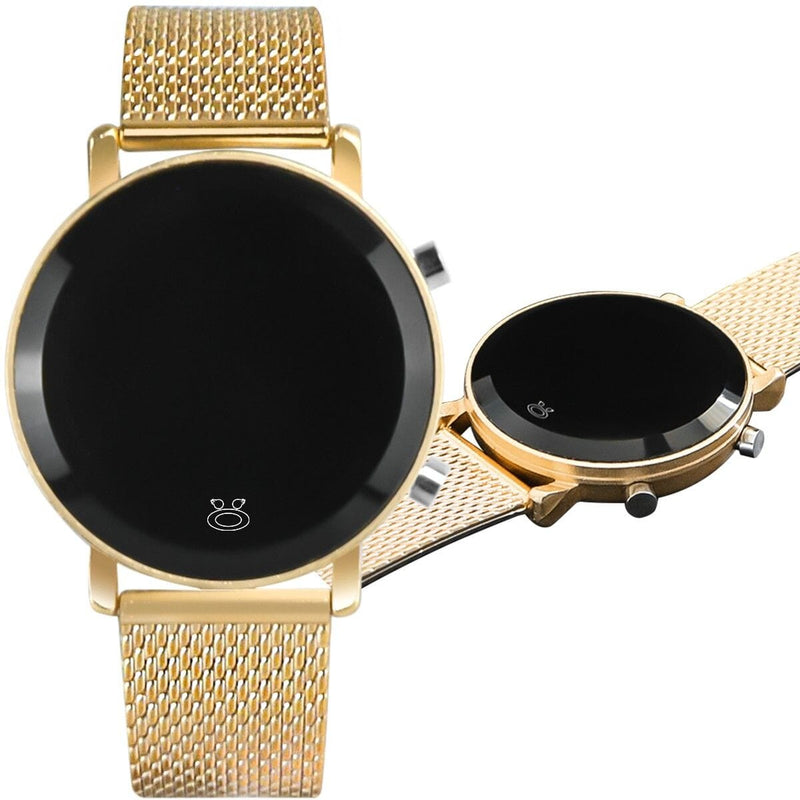 Relogio feminino digital aço inox dourado premium redondo