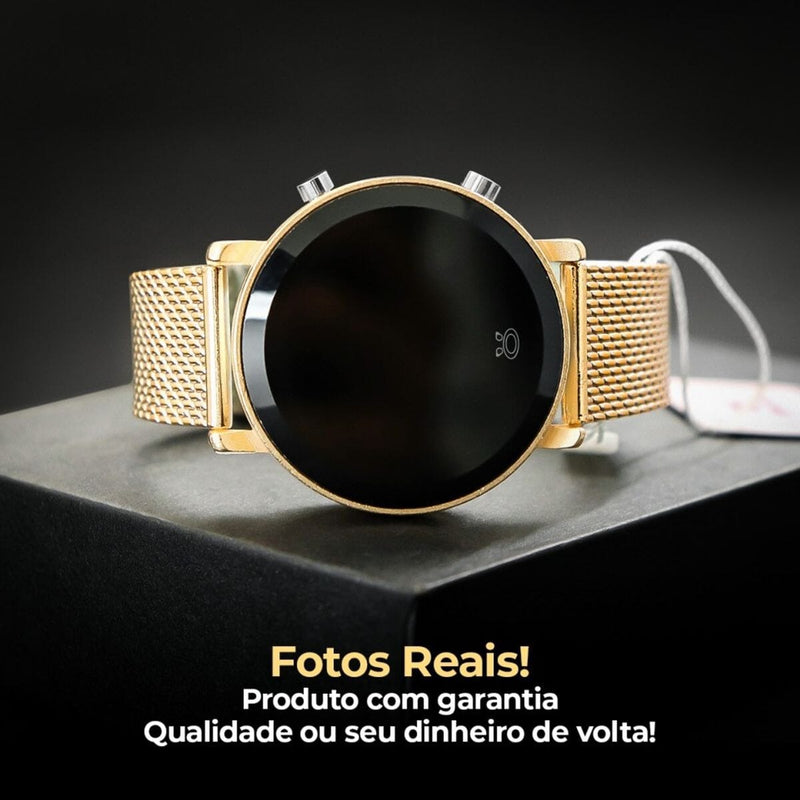 Relogio feminino digital aço inox dourado premium redondo