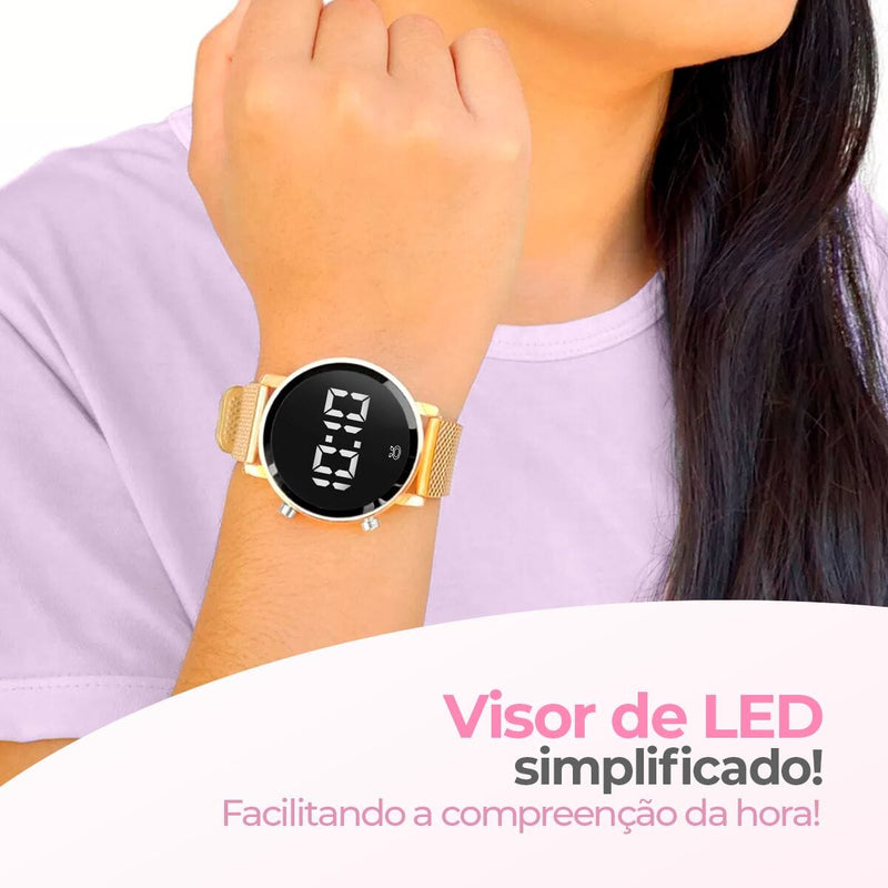 Relogio feminino digital aço inox dourado premium redondo