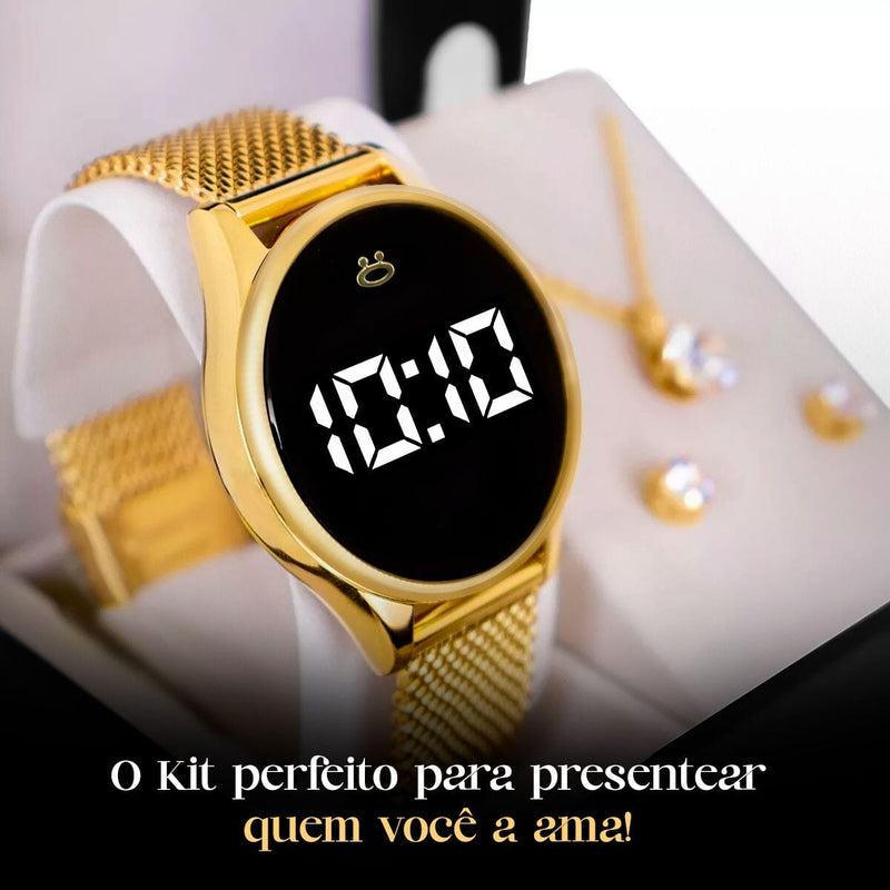 relogio feminino digital banhado + pulseira + brinco + colar