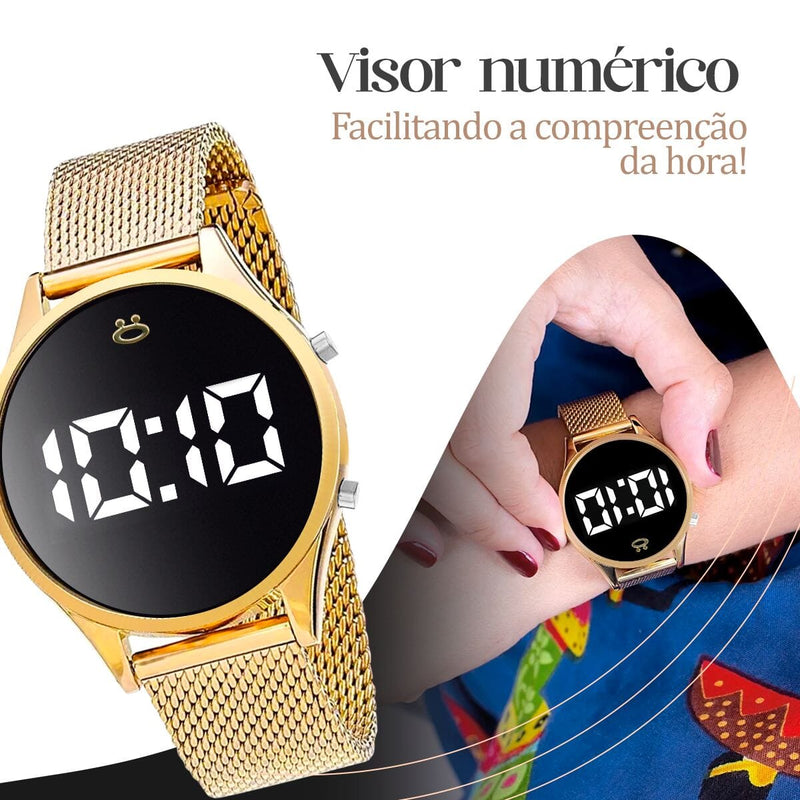 relogio feminino digital banhado + pulseira + brinco + colar