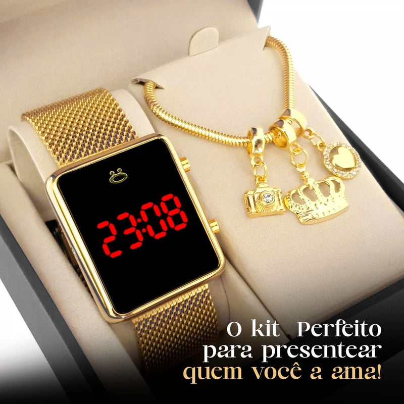 Relogio feminino digital dourado + caixa + pulseira banhada