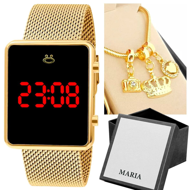 Relogio feminino digital dourado + caixa + pulseira banhada