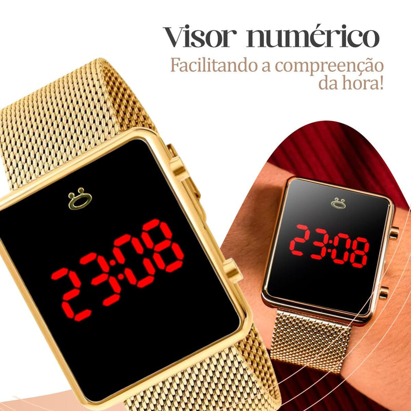 Relogio feminino digital dourado + caixa + pulseira banhada