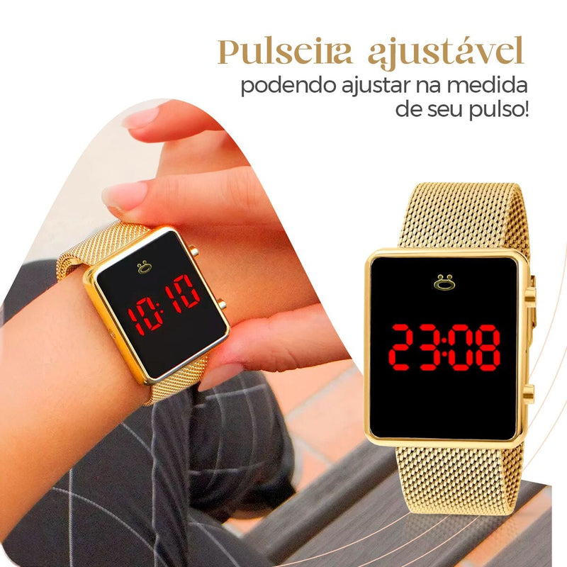 Relogio feminino digital dourado + caixa + pulseira banhada