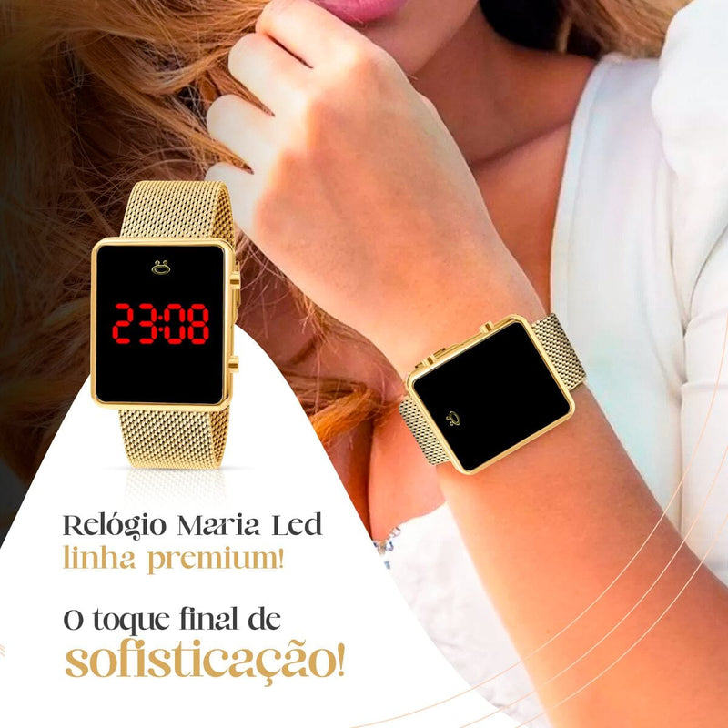 Relogio feminino digital dourado + caixa + pulseira banhada