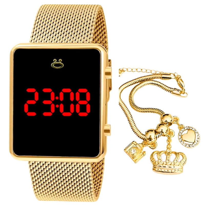 Relogio feminino digital dourado + caixa + pulseira banhada