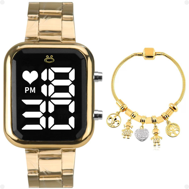 Relogio feminino digital dourado + pulseira pandora