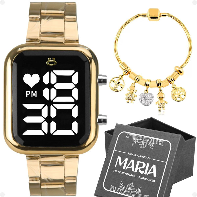 Relogio feminino digital dourado + pulseira pandora