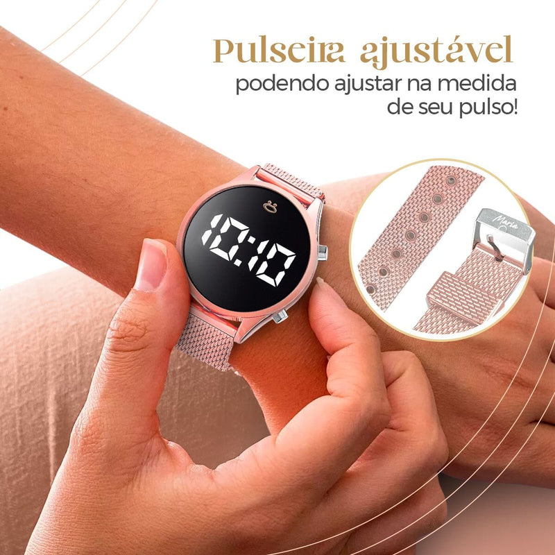 relogio feminino digital led aço + colar + caixa ajustavel