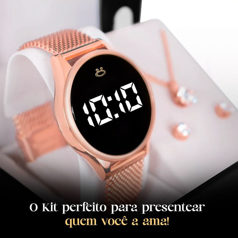 relogio feminino digital led aço + colar + caixa ajustavel