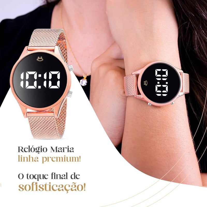 relogio feminino digital led aço + colar + caixa ajustavel