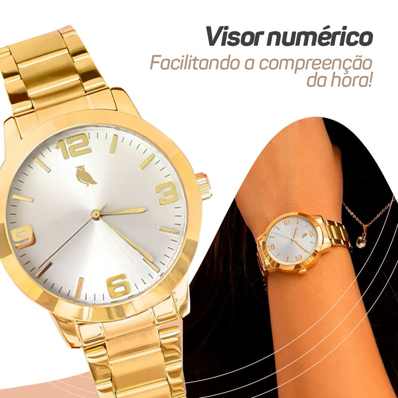 Relogio feminino dourado aço inox + caixa + pulseira pandora