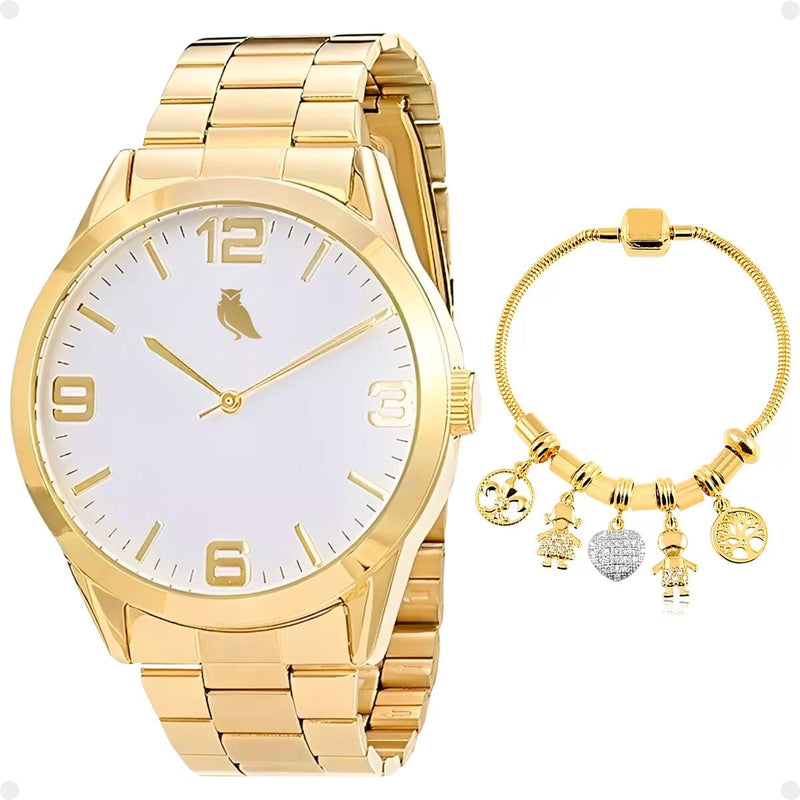 Relogio feminino dourado aço inox + caixa + pulseira pandora