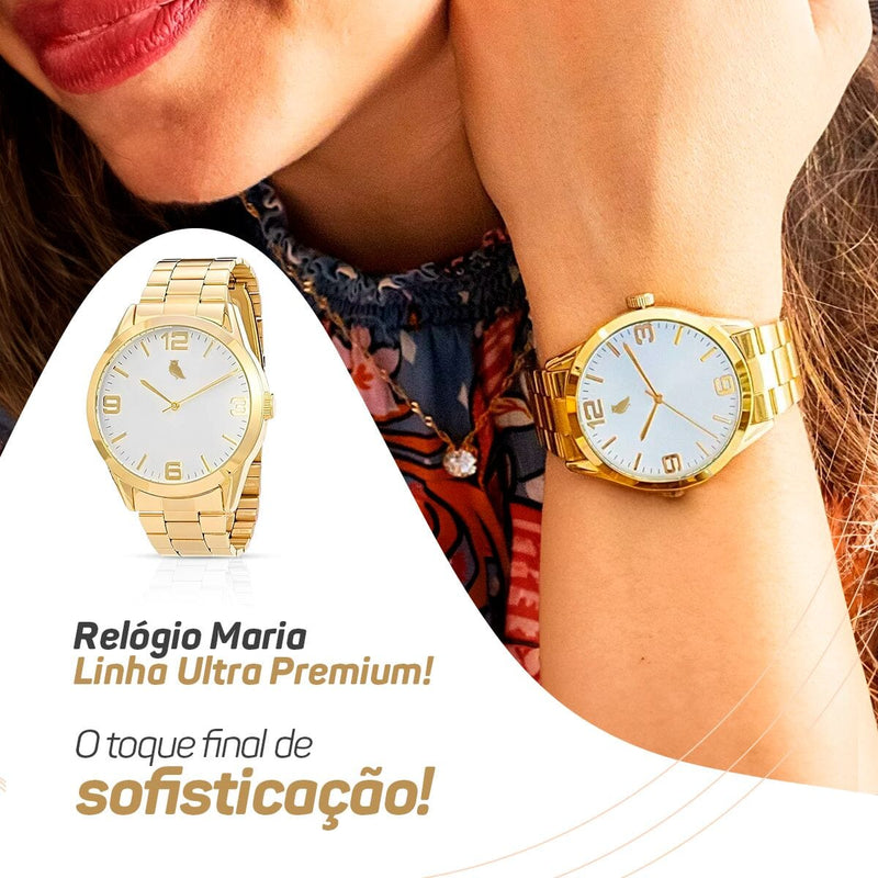 Relogio feminino dourado aço inox + caixa + pulseira pandora