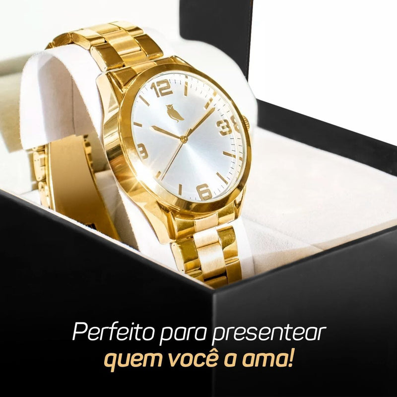 Relogio feminino dourado aço inox + caixa + pulseira pandora