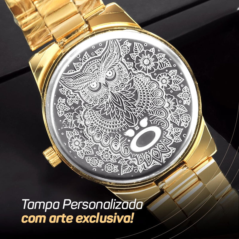 Relogio feminino dourado aço inox + caixa + pulseira pandora