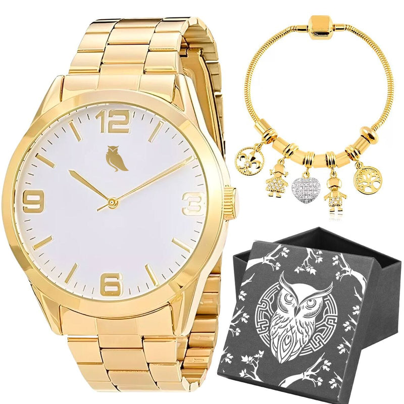 Relogio feminino dourado aço inox + caixa + pulseira pandora