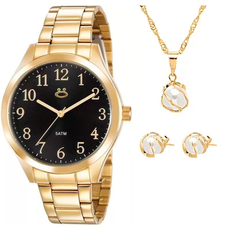 Relogio feminino dourado aço inox + colar + caixa + brincos