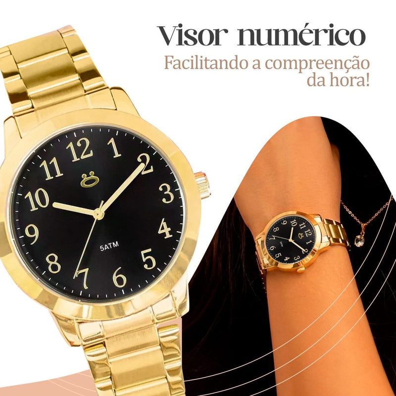 Relogio feminino dourado aço inox + colar + caixa + brincos