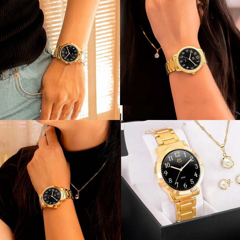 Relogio feminino dourado aço inox + colar + caixa + brincos