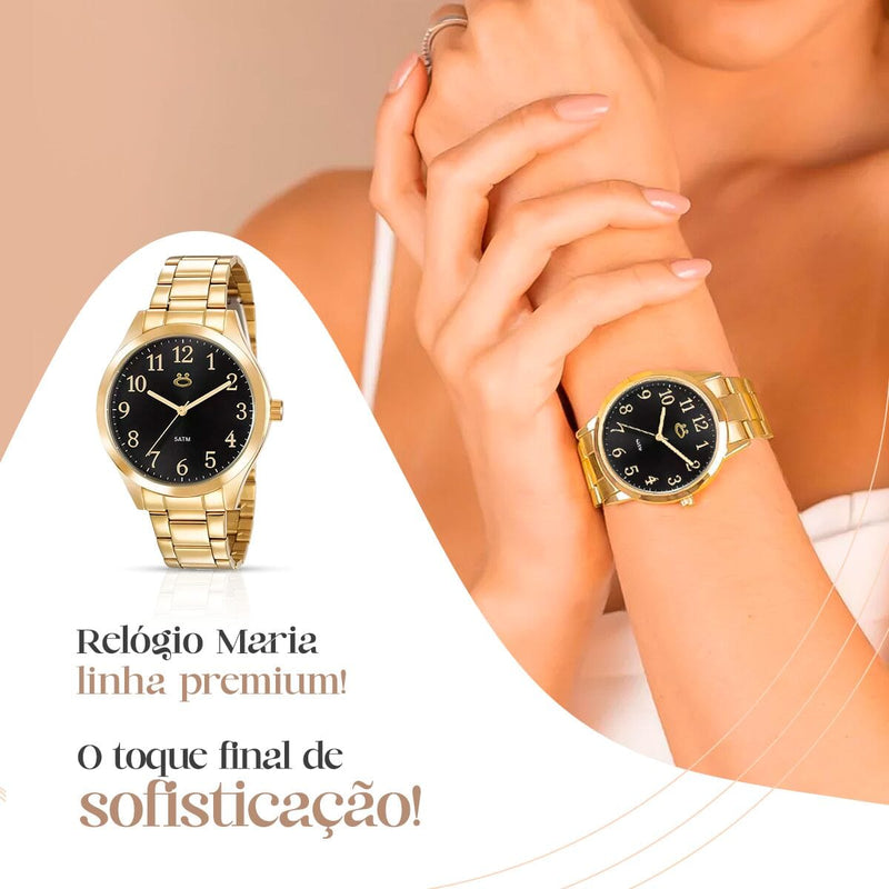 Relogio feminino dourado aço inox + colar + caixa + brincos