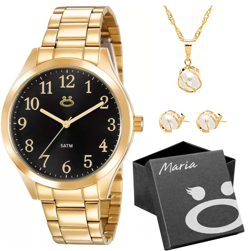 Relogio feminino dourado aço inox + colar + caixa + brincos