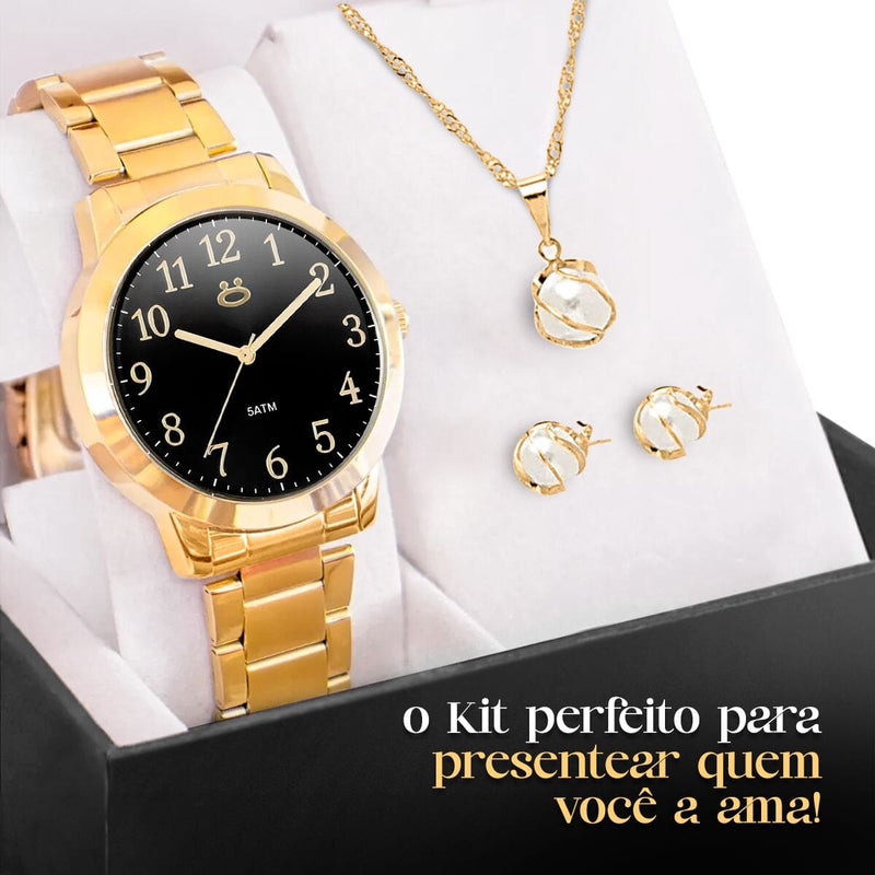 Relogio feminino dourado aço inox + colar + caixa + brincos