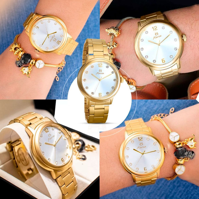 relógio feminino dourado aço inox + pulseira pandora