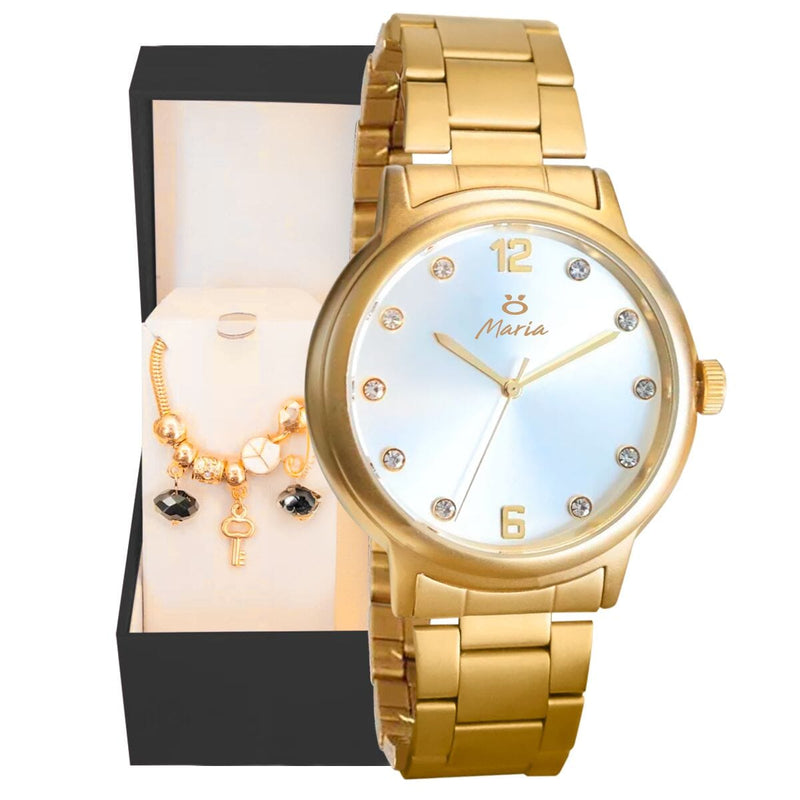 relógio feminino dourado aço inox + pulseira pandora