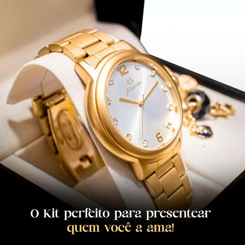 relógio feminino dourado aço inox + pulseira pandora