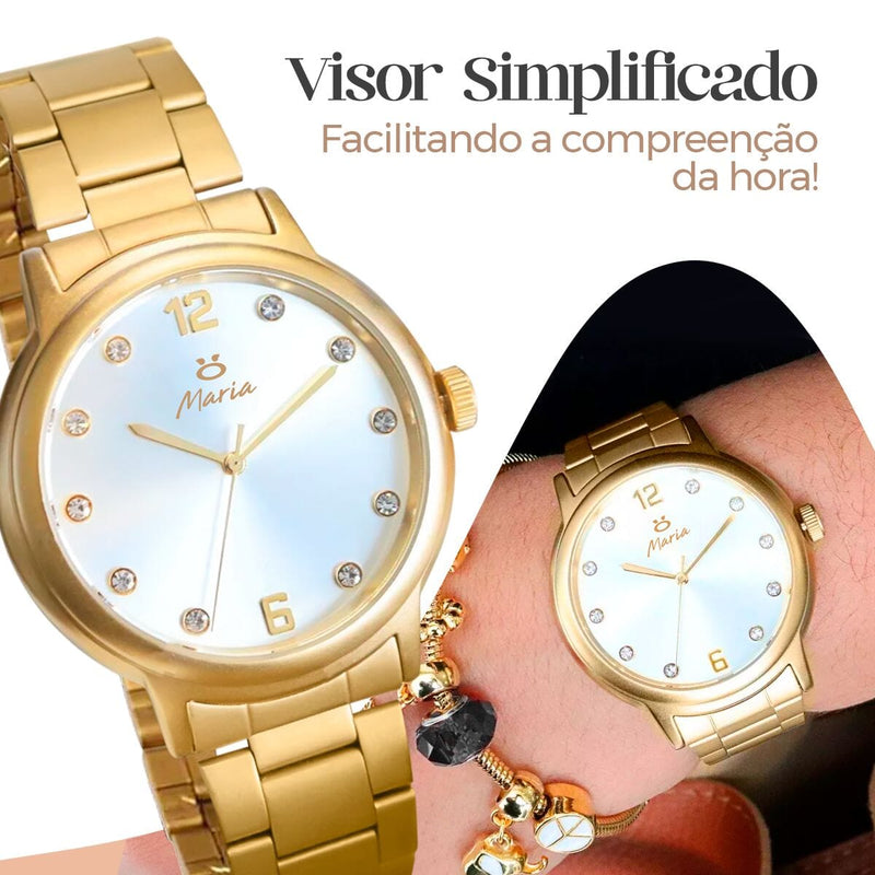 relógio feminino dourado aço inox + pulseira pandora