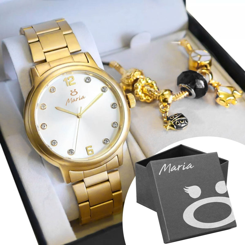 relógio feminino dourado aço inox + pulseira pandora