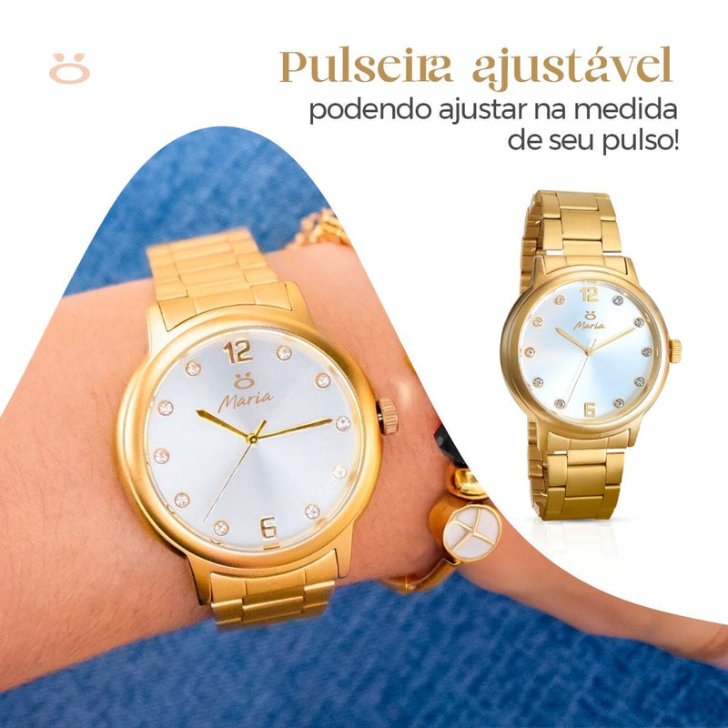 relógio feminino dourado aço inox + pulseira pandora