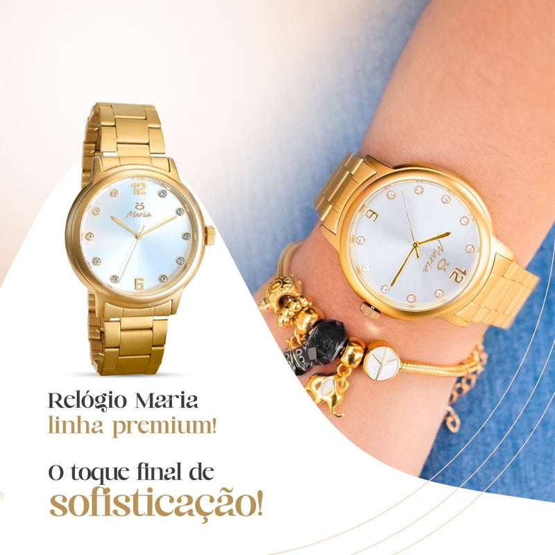 relógio feminino dourado aço inox + pulseira pandora