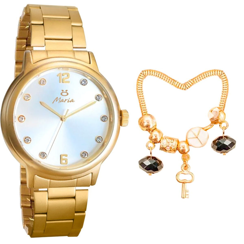 relógio feminino dourado aço inox + pulseira pandora