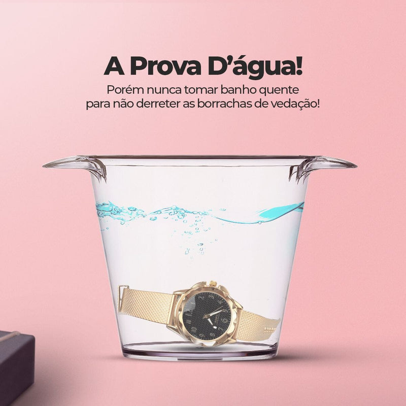 Relogio feminino dourado aço prova dagua + pulseira