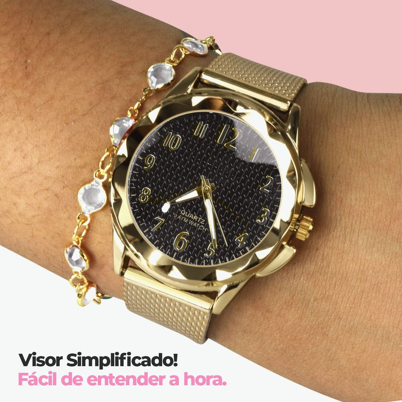 Relogio feminino dourado aço prova dagua + pulseira