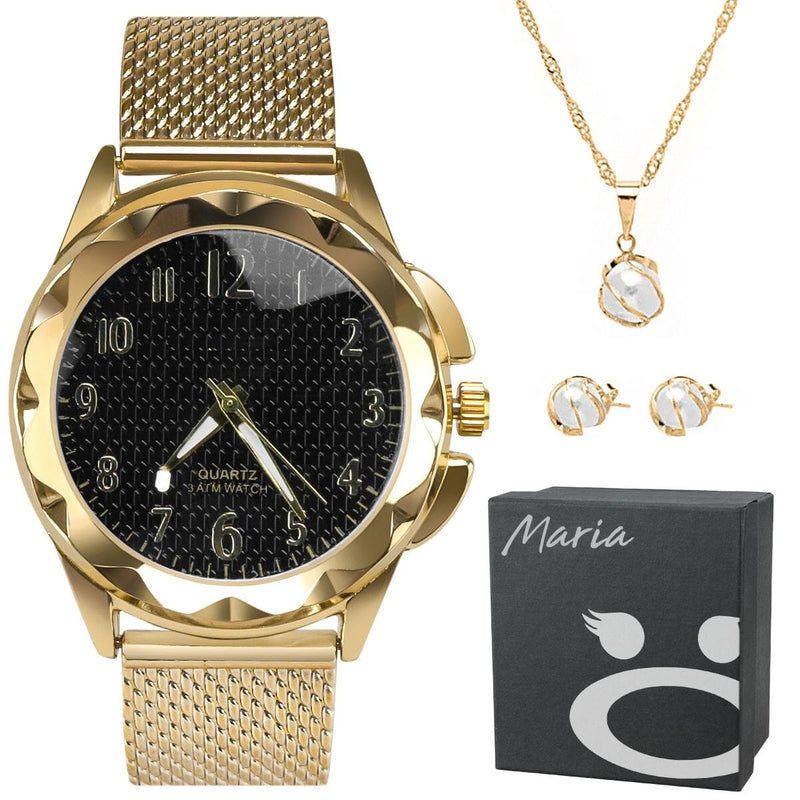 Relogio feminino dourado aço prova dagua + pulseira