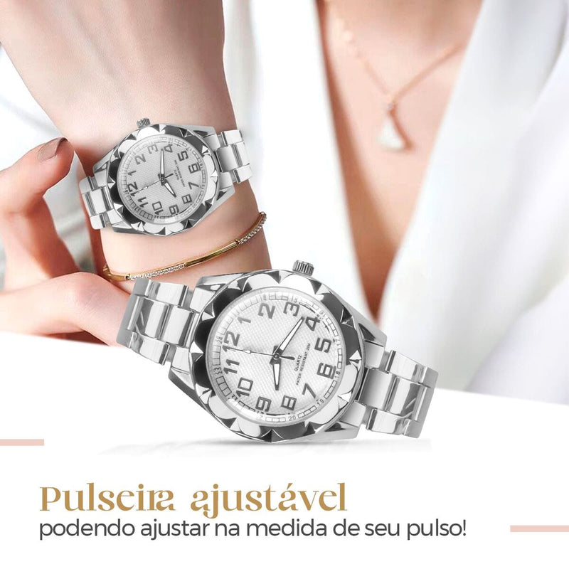 Relogio feminino dourado aço prova dagua + pulseira + colar