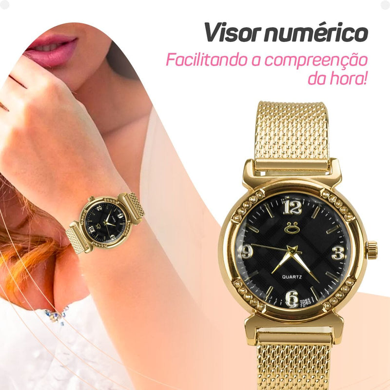 relogio feminino dourado aço silicone banhado inox moda