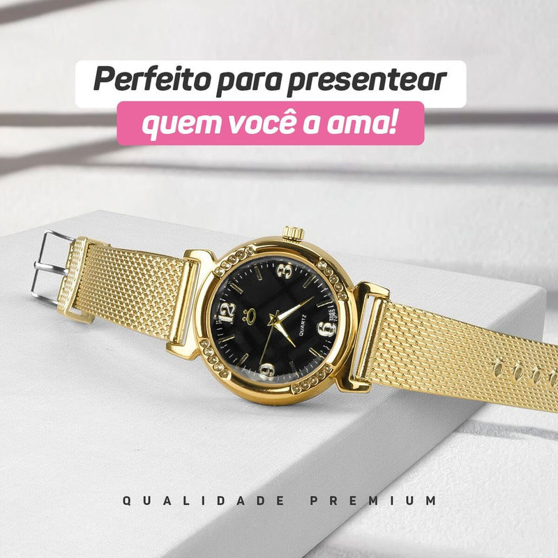 relogio feminino dourado aço silicone banhado inox moda