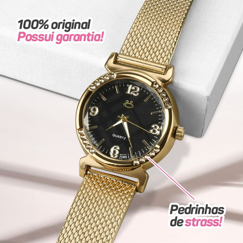 relogio feminino dourado aço silicone banhado inox moda