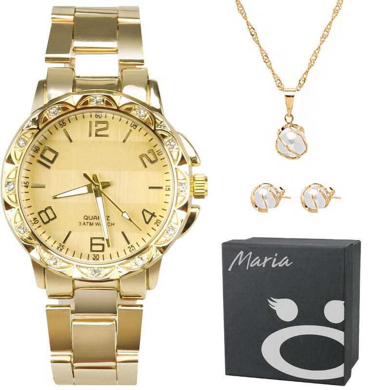 relógio feminino dourado aço strass + caixa + colar brincos