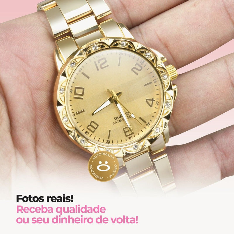 relógio feminino dourado aço strass + caixa + colar brincos